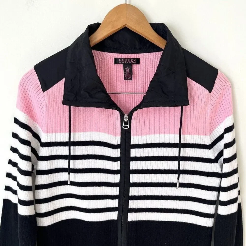 Lauren Ralph Lauren Zip Up Sweater Jacket Sz L Pink Black White Striped Cotton